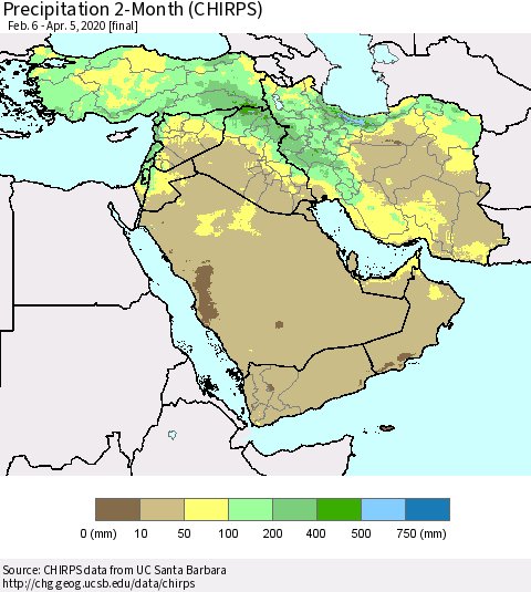 Middle East and Turkey Precipitation 2-Month (CHIRPS) Thematic Map For 2/6/2020 - 4/5/2020