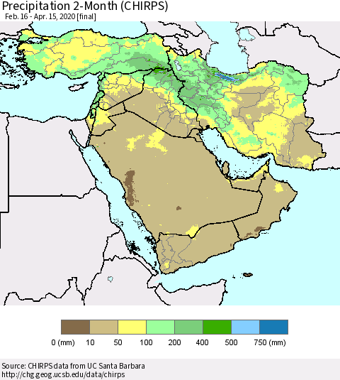 Middle East and Turkey Precipitation 2-Month (CHIRPS) Thematic Map For 2/16/2020 - 4/15/2020