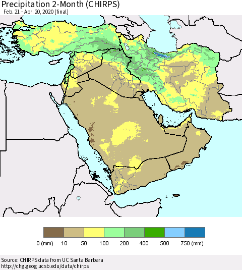 Middle East and Turkey Precipitation 2-Month (CHIRPS) Thematic Map For 2/21/2020 - 4/20/2020