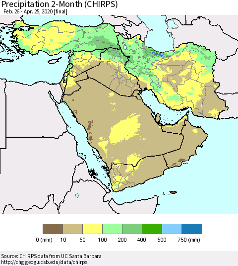 Middle East and Turkey Precipitation 2-Month (CHIRPS) Thematic Map For 2/26/2020 - 4/25/2020