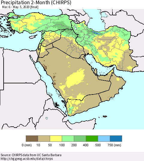 Middle East and Turkey Precipitation 2-Month (CHIRPS) Thematic Map For 3/6/2020 - 5/5/2020