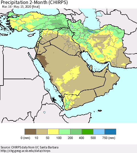 Middle East and Turkey Precipitation 2-Month (CHIRPS) Thematic Map For 3/16/2020 - 5/15/2020
