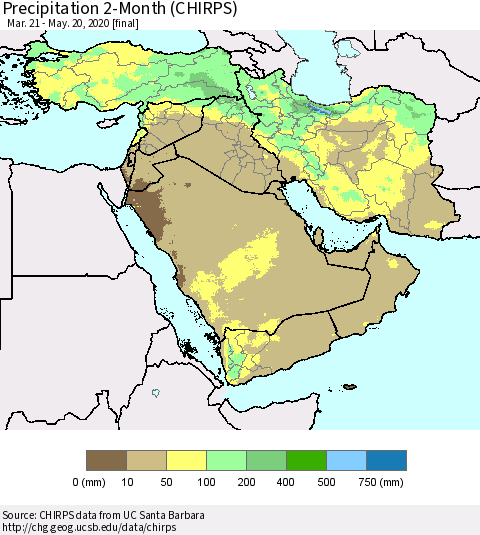 Middle East and Turkey Precipitation 2-Month (CHIRPS) Thematic Map For 3/21/2020 - 5/20/2020