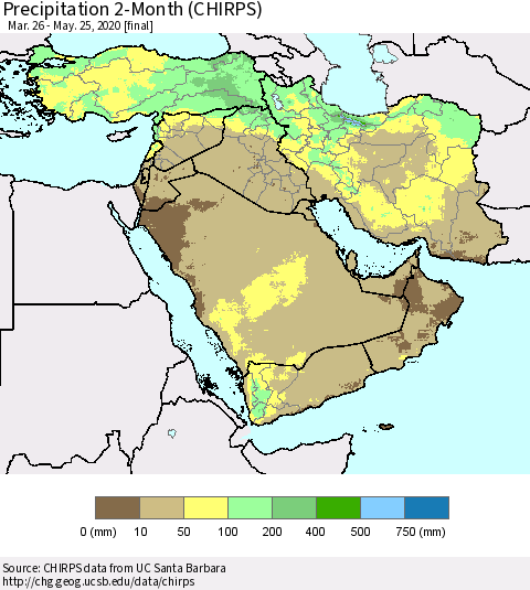 Middle East and Turkey Precipitation 2-Month (CHIRPS) Thematic Map For 3/26/2020 - 5/25/2020