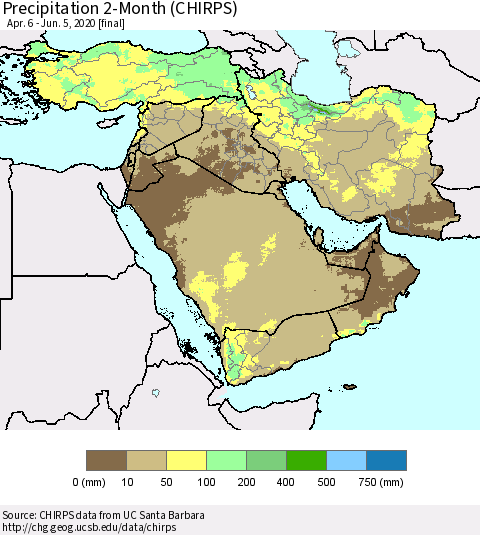 Middle East and Turkey Precipitation 2-Month (CHIRPS) Thematic Map For 4/6/2020 - 6/5/2020
