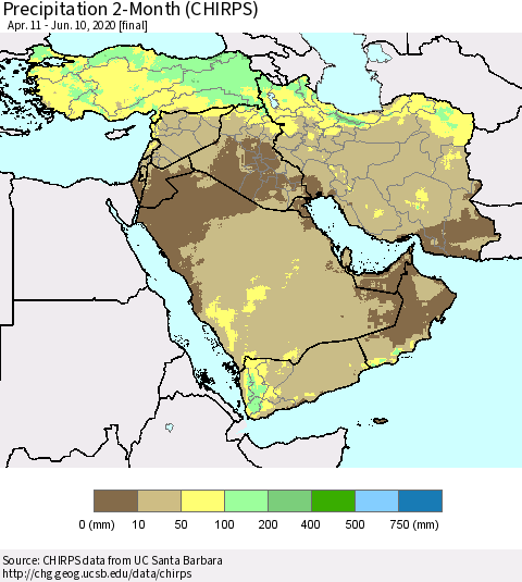 Middle East and Turkey Precipitation 2-Month (CHIRPS) Thematic Map For 4/11/2020 - 6/10/2020