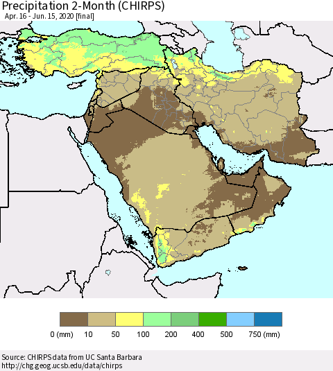 Middle East and Turkey Precipitation 2-Month (CHIRPS) Thematic Map For 4/16/2020 - 6/15/2020