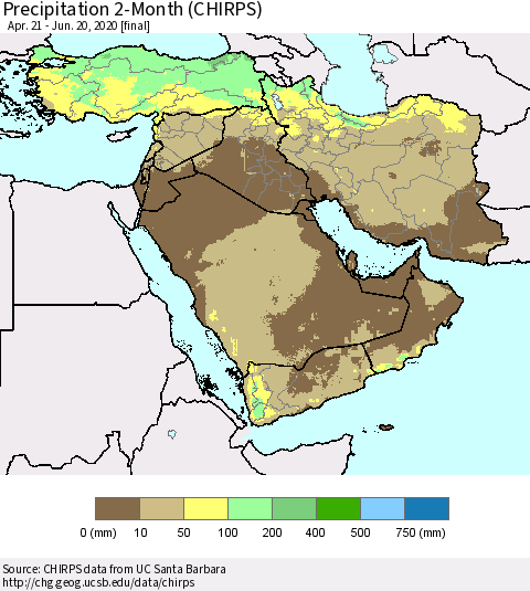 Middle East and Turkey Precipitation 2-Month (CHIRPS) Thematic Map For 4/21/2020 - 6/20/2020