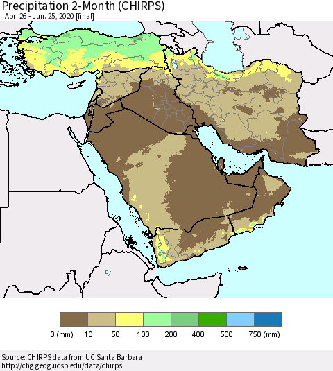 Middle East and Turkey Precipitation 2-Month (CHIRPS) Thematic Map For 4/26/2020 - 6/25/2020