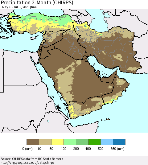 Middle East and Turkey Precipitation 2-Month (CHIRPS) Thematic Map For 5/6/2020 - 7/5/2020
