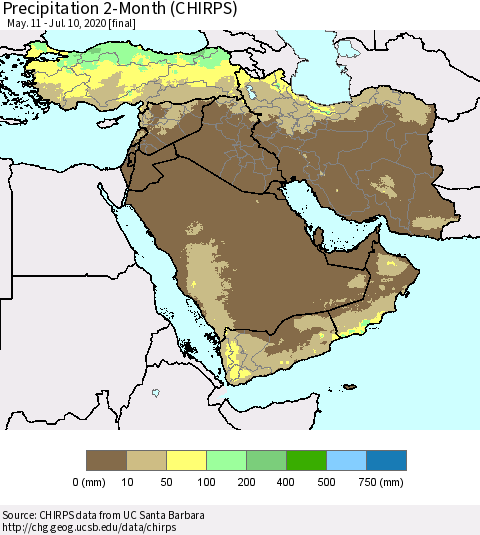 Middle East and Turkey Precipitation 2-Month (CHIRPS) Thematic Map For 5/11/2020 - 7/10/2020