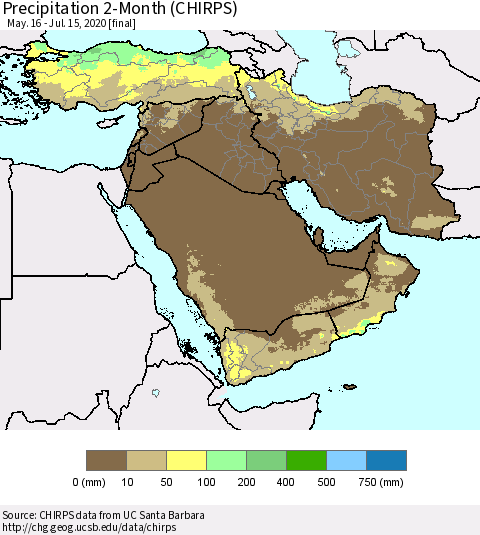 Middle East and Turkey Precipitation 2-Month (CHIRPS) Thematic Map For 5/16/2020 - 7/15/2020