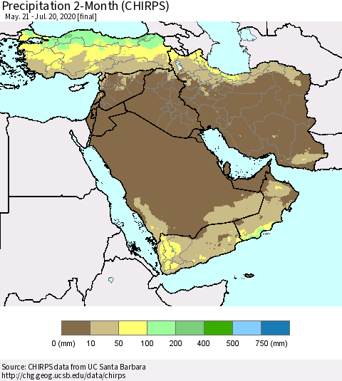 Middle East and Turkey Precipitation 2-Month (CHIRPS) Thematic Map For 5/21/2020 - 7/20/2020