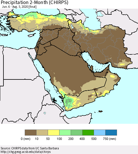 Middle East and Turkey Precipitation 2-Month (CHIRPS) Thematic Map For 6/6/2020 - 8/5/2020