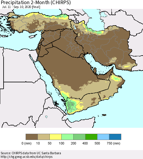 Middle East and Turkey Precipitation 2-Month (CHIRPS) Thematic Map For 7/11/2020 - 9/10/2020