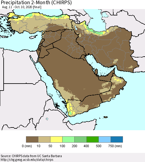 Middle East and Turkey Precipitation 2-Month (CHIRPS) Thematic Map For 8/11/2020 - 10/10/2020