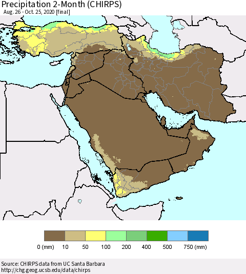 Middle East and Turkey Precipitation 2-Month (CHIRPS) Thematic Map For 8/26/2020 - 10/25/2020