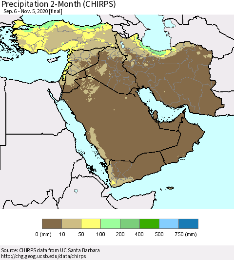 Middle East and Turkey Precipitation 2-Month (CHIRPS) Thematic Map For 9/6/2020 - 11/5/2020