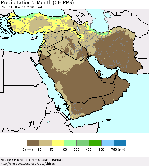 Middle East and Turkey Precipitation 2-Month (CHIRPS) Thematic Map For 9/11/2020 - 11/10/2020