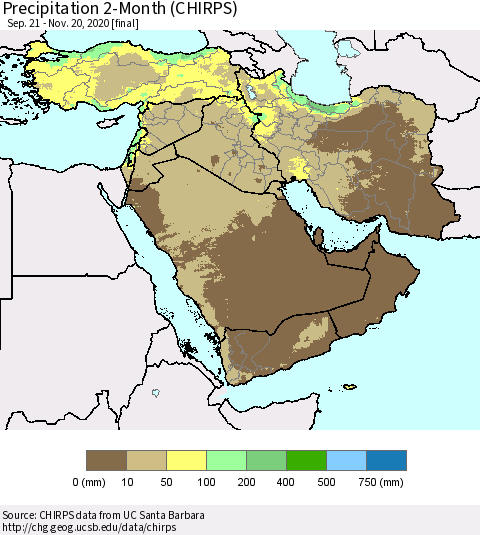 Middle East and Turkey Precipitation 2-Month (CHIRPS) Thematic Map For 9/21/2020 - 11/20/2020