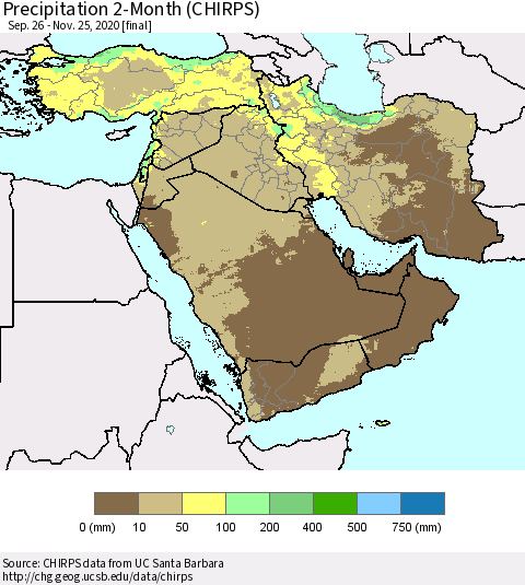 Middle East and Turkey Precipitation 2-Month (CHIRPS) Thematic Map For 9/26/2020 - 11/25/2020