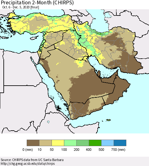Middle East and Turkey Precipitation 2-Month (CHIRPS) Thematic Map For 10/6/2020 - 12/5/2020