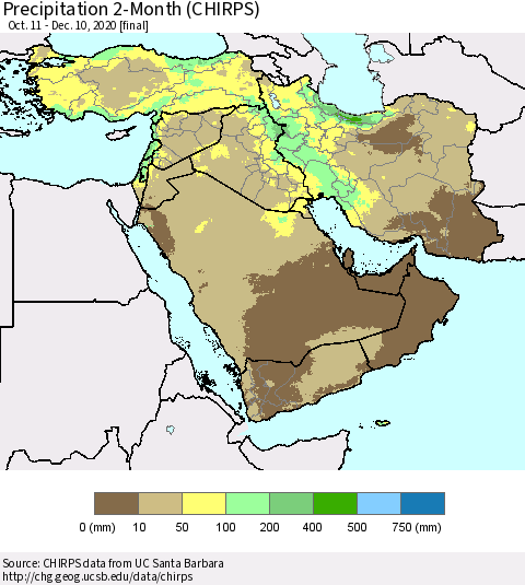 Middle East and Turkey Precipitation 2-Month (CHIRPS) Thematic Map For 10/11/2020 - 12/10/2020