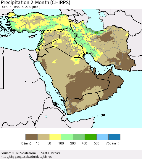 Middle East and Turkey Precipitation 2-Month (CHIRPS) Thematic Map For 10/16/2020 - 12/15/2020