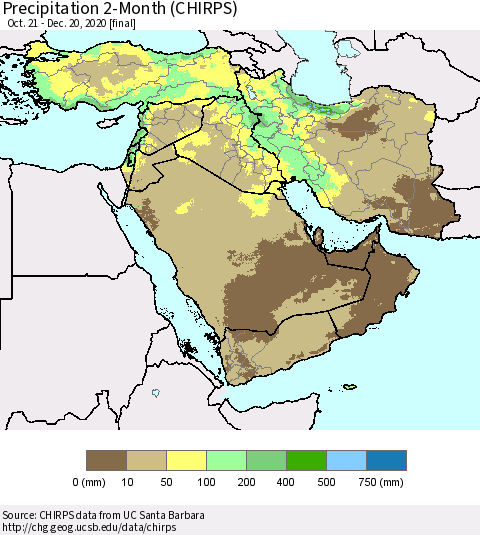 Middle East and Turkey Precipitation 2-Month (CHIRPS) Thematic Map For 10/21/2020 - 12/20/2020