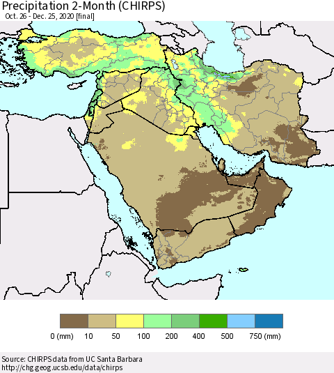 Middle East and Turkey Precipitation 2-Month (CHIRPS) Thematic Map For 10/26/2020 - 12/25/2020