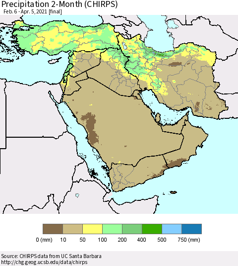 Middle East and Turkey Precipitation 2-Month (CHIRPS) Thematic Map For 2/6/2021 - 4/5/2021