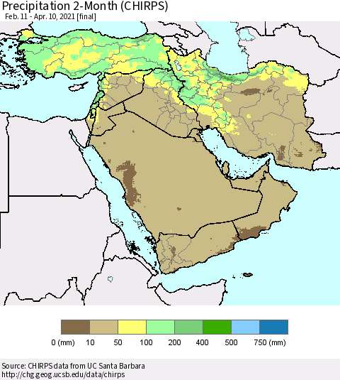 Middle East and Turkey Precipitation 2-Month (CHIRPS) Thematic Map For 2/11/2021 - 4/10/2021