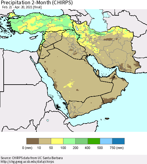 Middle East and Turkey Precipitation 2-Month (CHIRPS) Thematic Map For 2/21/2021 - 4/20/2021