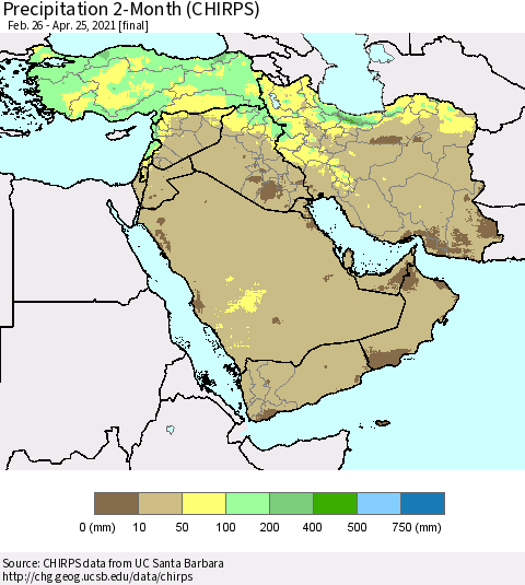 Middle East and Turkey Precipitation 2-Month (CHIRPS) Thematic Map For 2/26/2021 - 4/25/2021