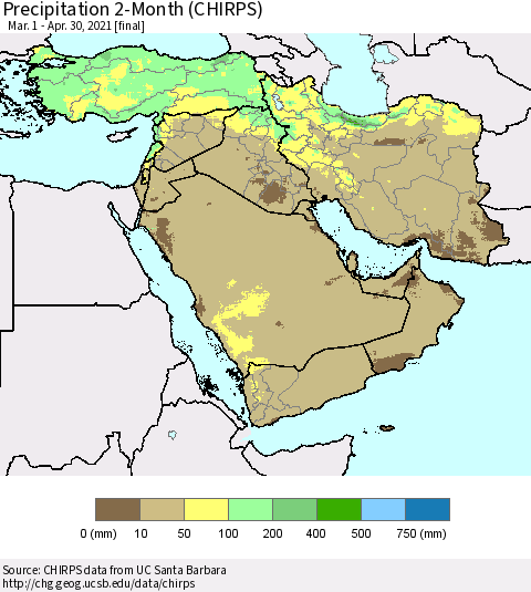 Middle East and Turkey Precipitation 2-Month (CHIRPS) Thematic Map For 3/1/2021 - 4/30/2021