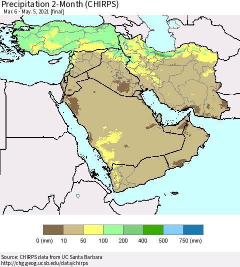 Middle East and Turkey Precipitation 2-Month (CHIRPS) Thematic Map For 3/6/2021 - 5/5/2021