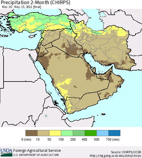 Middle East and Turkey Precipitation 2-Month (CHIRPS) Thematic Map For 3/16/2021 - 5/15/2021