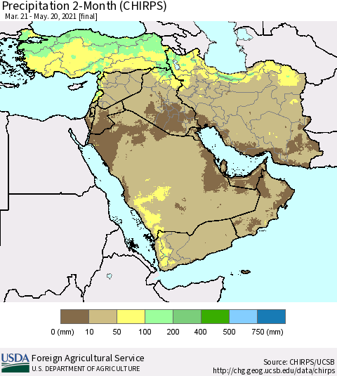 Middle East and Turkey Precipitation 2-Month (CHIRPS) Thematic Map For 3/21/2021 - 5/20/2021