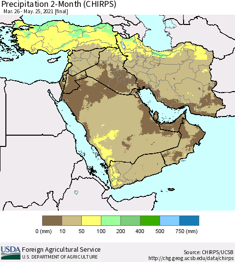 Middle East and Turkey Precipitation 2-Month (CHIRPS) Thematic Map For 3/26/2021 - 5/25/2021