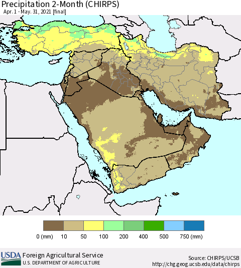 Middle East and Turkey Precipitation 2-Month (CHIRPS) Thematic Map For 4/1/2021 - 5/31/2021