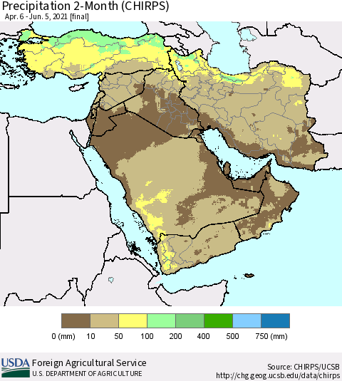 Middle East and Turkey Precipitation 2-Month (CHIRPS) Thematic Map For 4/6/2021 - 6/5/2021