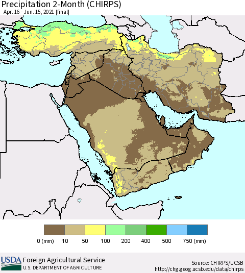 Middle East and Turkey Precipitation 2-Month (CHIRPS) Thematic Map For 4/16/2021 - 6/15/2021