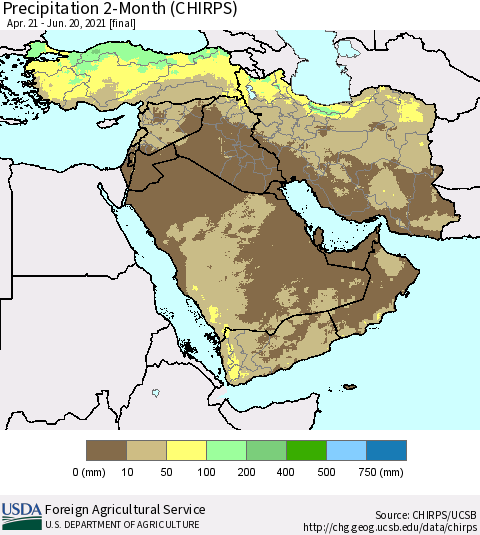 Middle East and Turkey Precipitation 2-Month (CHIRPS) Thematic Map For 4/21/2021 - 6/20/2021