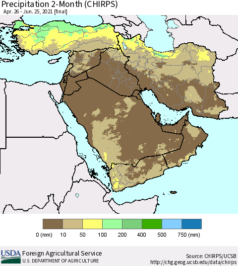 Middle East and Turkey Precipitation 2-Month (CHIRPS) Thematic Map For 4/26/2021 - 6/25/2021