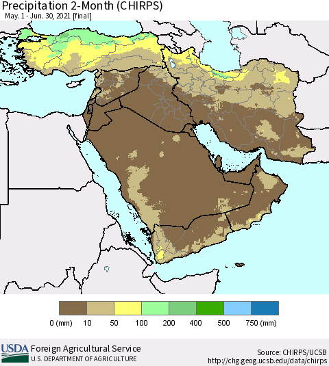 Middle East and Turkey Precipitation 2-Month (CHIRPS) Thematic Map For 5/1/2021 - 6/30/2021