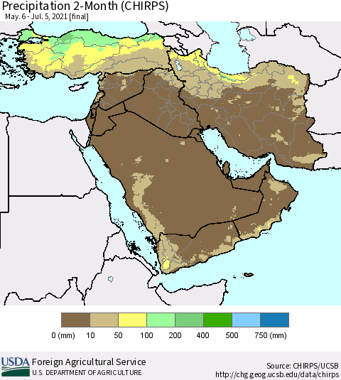 Middle East and Turkey Precipitation 2-Month (CHIRPS) Thematic Map For 5/6/2021 - 7/5/2021