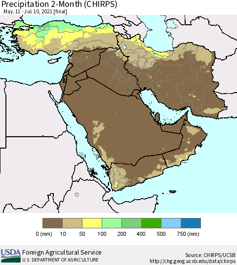 Middle East and Turkey Precipitation 2-Month (CHIRPS) Thematic Map For 5/11/2021 - 7/10/2021