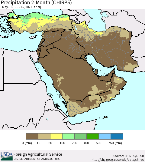 Middle East and Turkey Precipitation 2-Month (CHIRPS) Thematic Map For 5/16/2021 - 7/15/2021