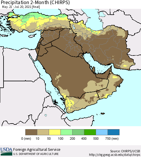 Middle East and Turkey Precipitation 2-Month (CHIRPS) Thematic Map For 5/21/2021 - 7/20/2021