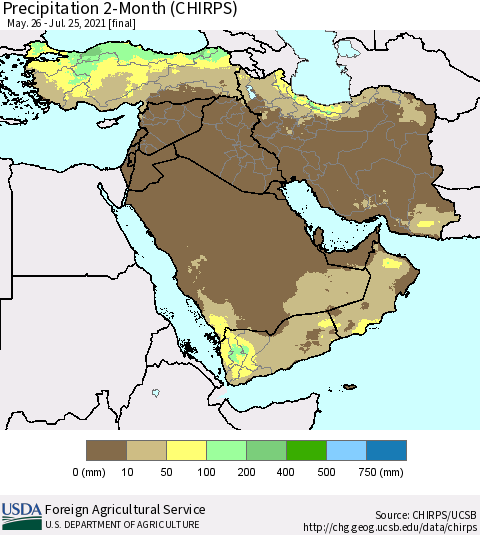 Middle East and Turkey Precipitation 2-Month (CHIRPS) Thematic Map For 5/26/2021 - 7/25/2021